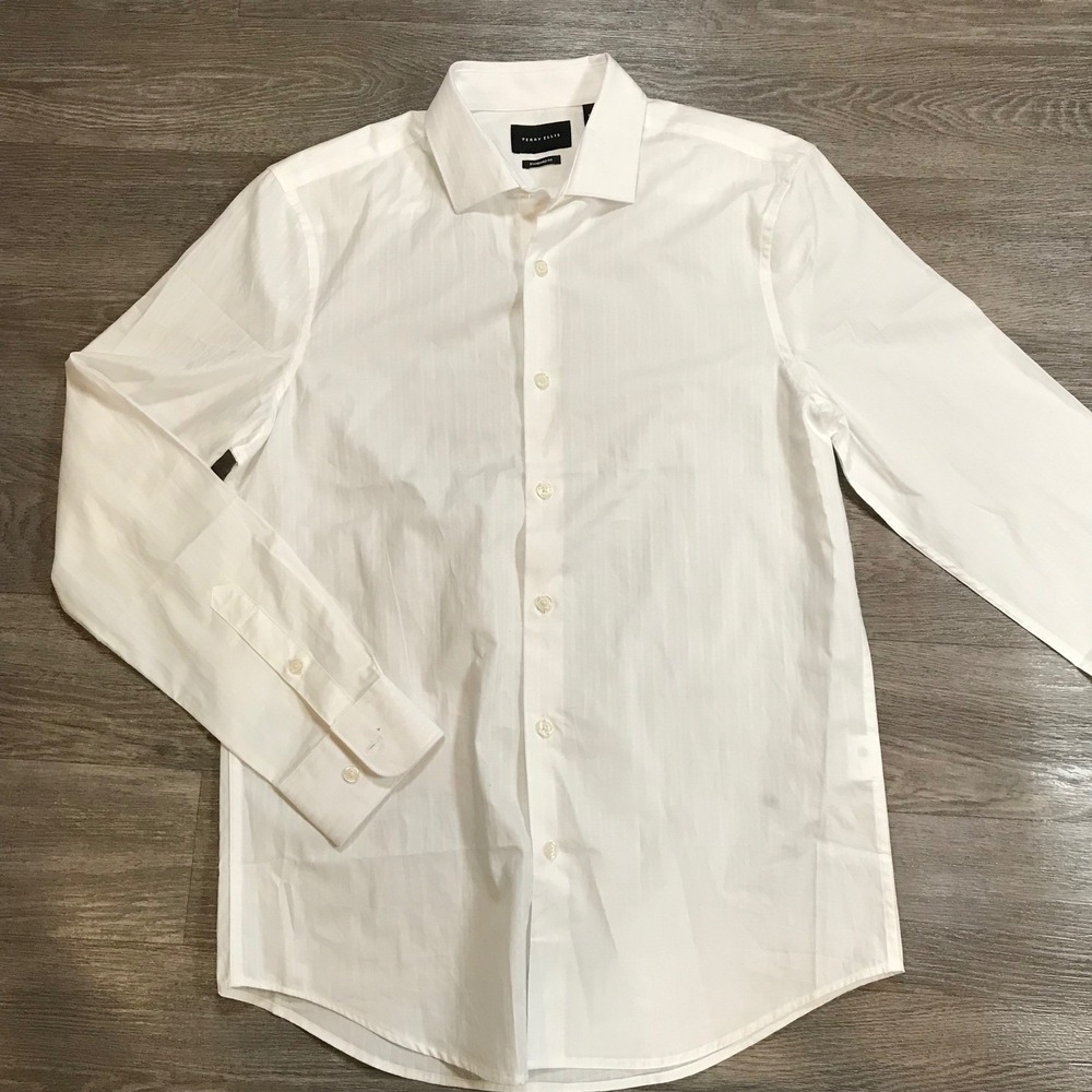 Perry Ellis Mens White Dobby Stripe Button Down Shirt Standard Fit Small BC4594